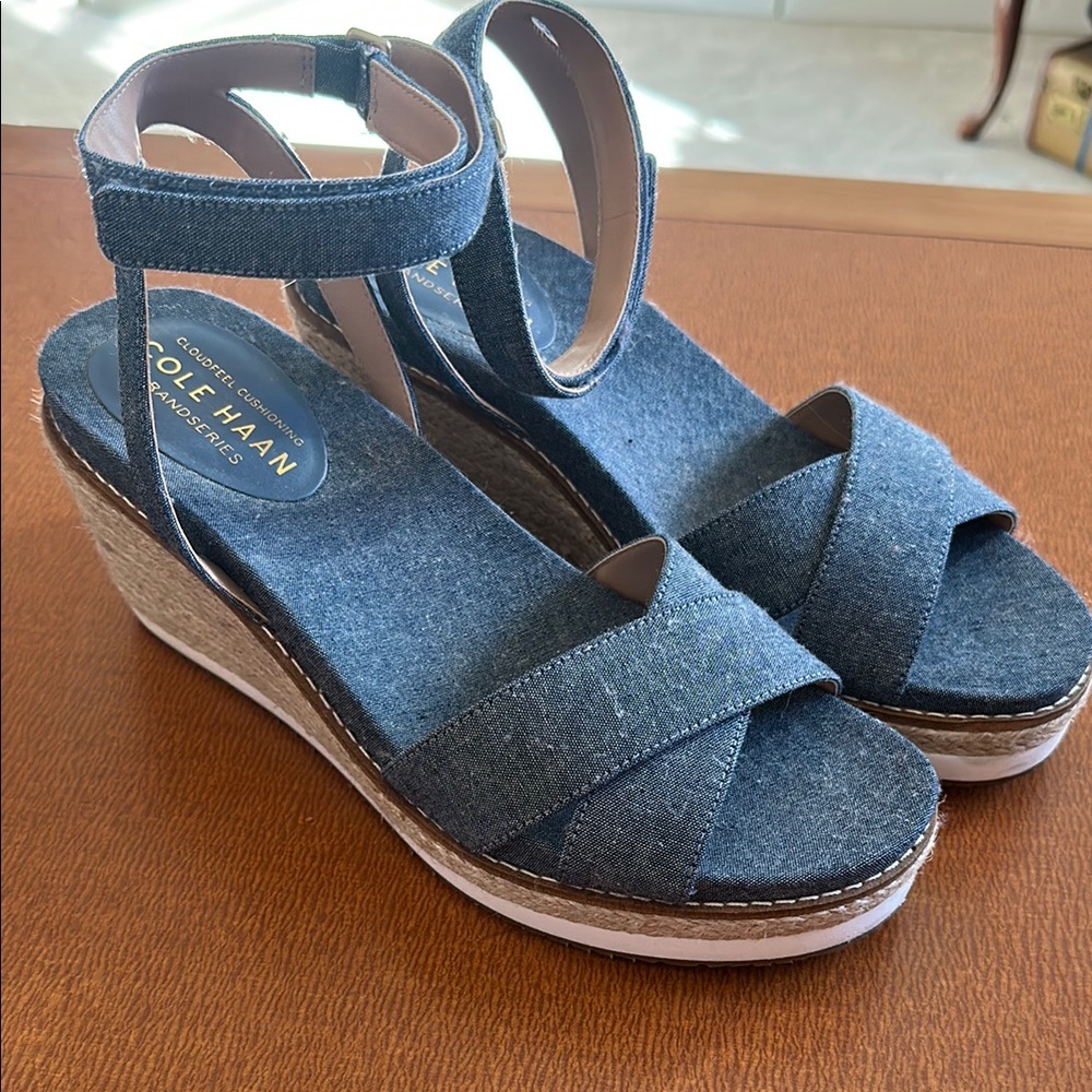 Cole Haan Denim-Look Blue Espadrille Wedge Sandals